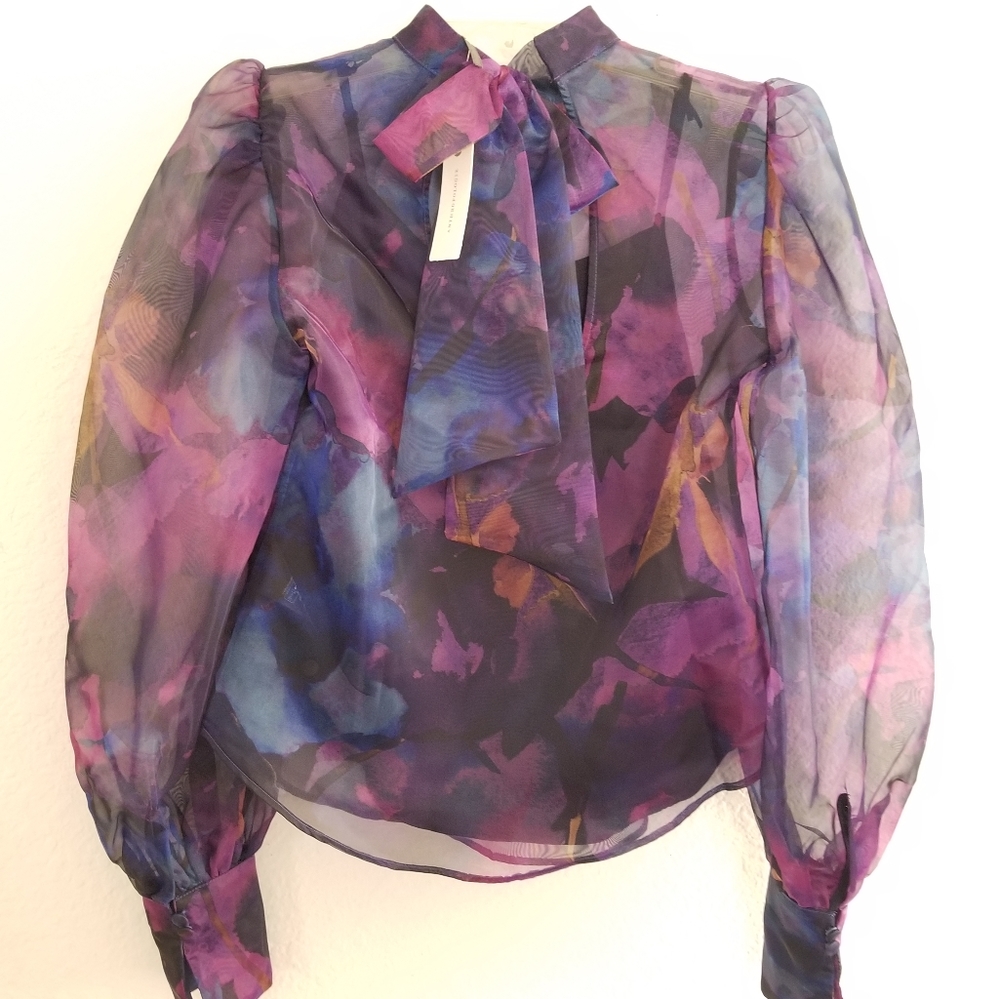 Anthropologie Organza Back Bow Puff Sleeve Blouse Size XS Black Purple B…
